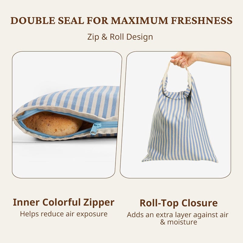 BRONYPRO Reusable Beeswax and Cotton Bread Bags with Zipper, 2-Pack Waxed Bread Bags for Homemade Bread & Sourdough, Sustainable Sourdough Loaf Storage to Lock in Freshness, Large 17x12.6in, Blue - Image 3